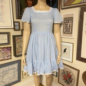 Vintage Blue Gingham Puff Sleeve Dress With Lace Trim & Square Neckline Size XL
